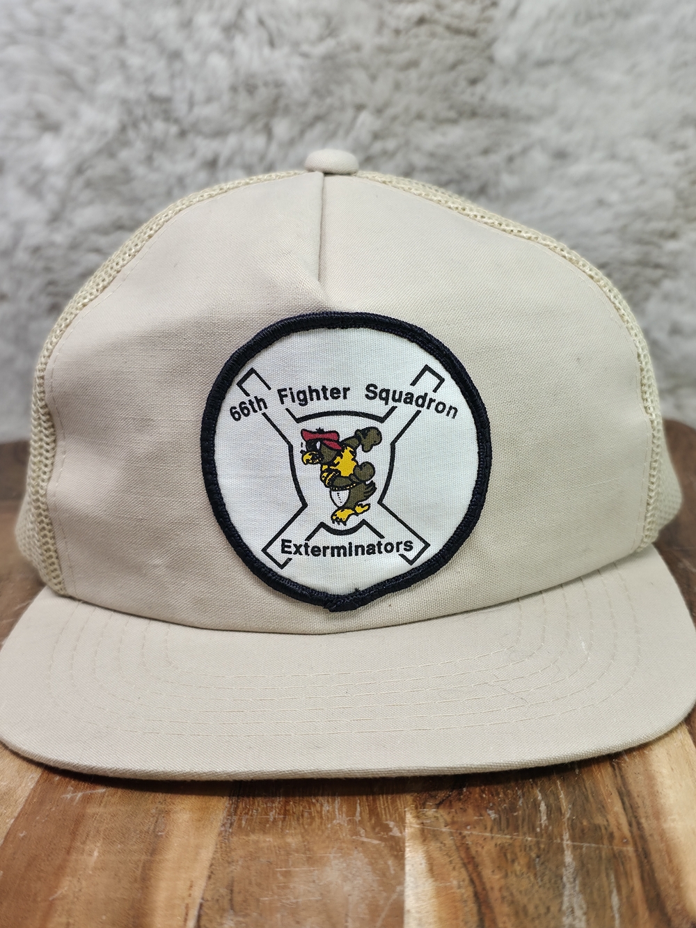 Vintage Military Patch Trucker Hat - Beige with Emblem